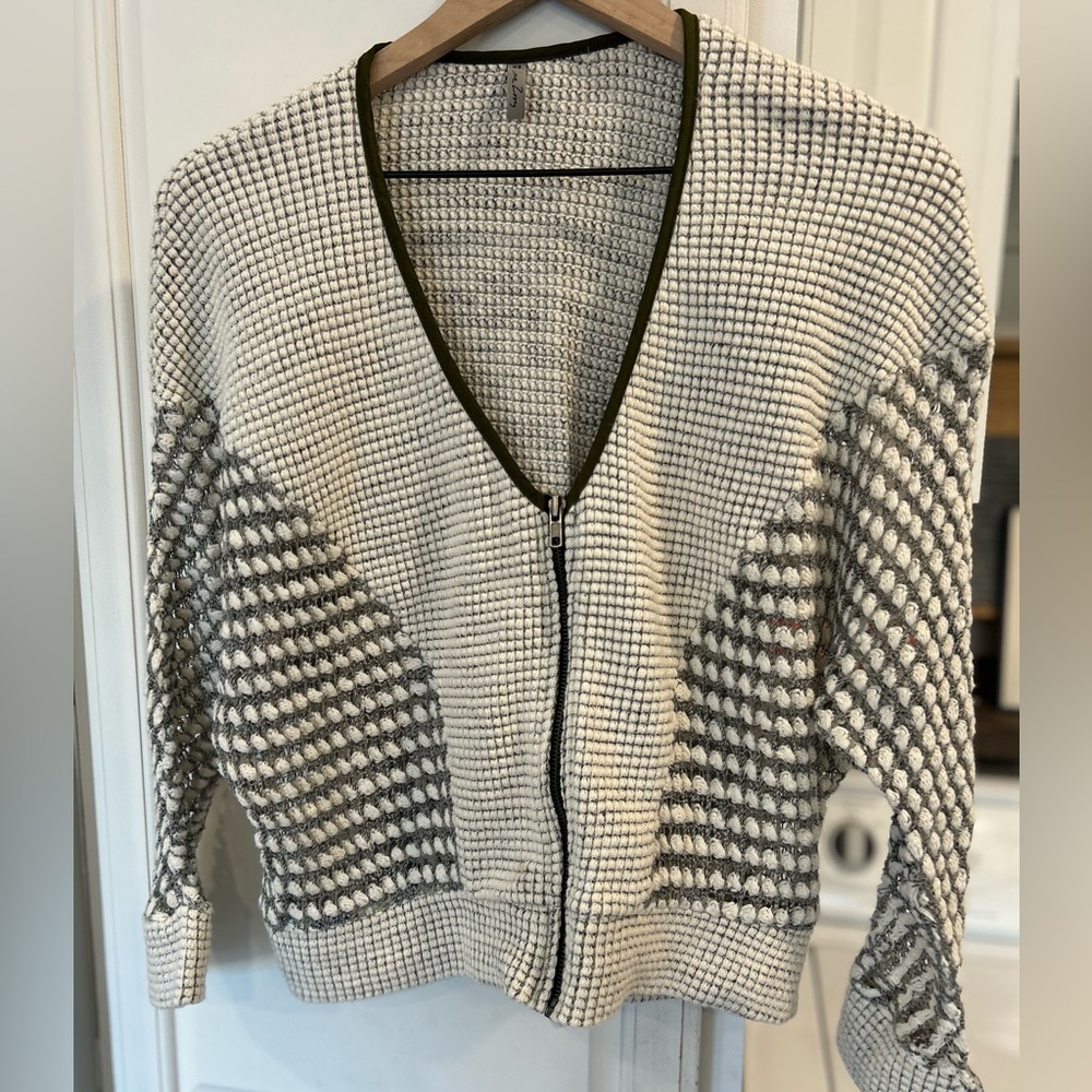 Love, Zoey V-Neck Zip-Up Sweater Cardigan - Cream and Gray